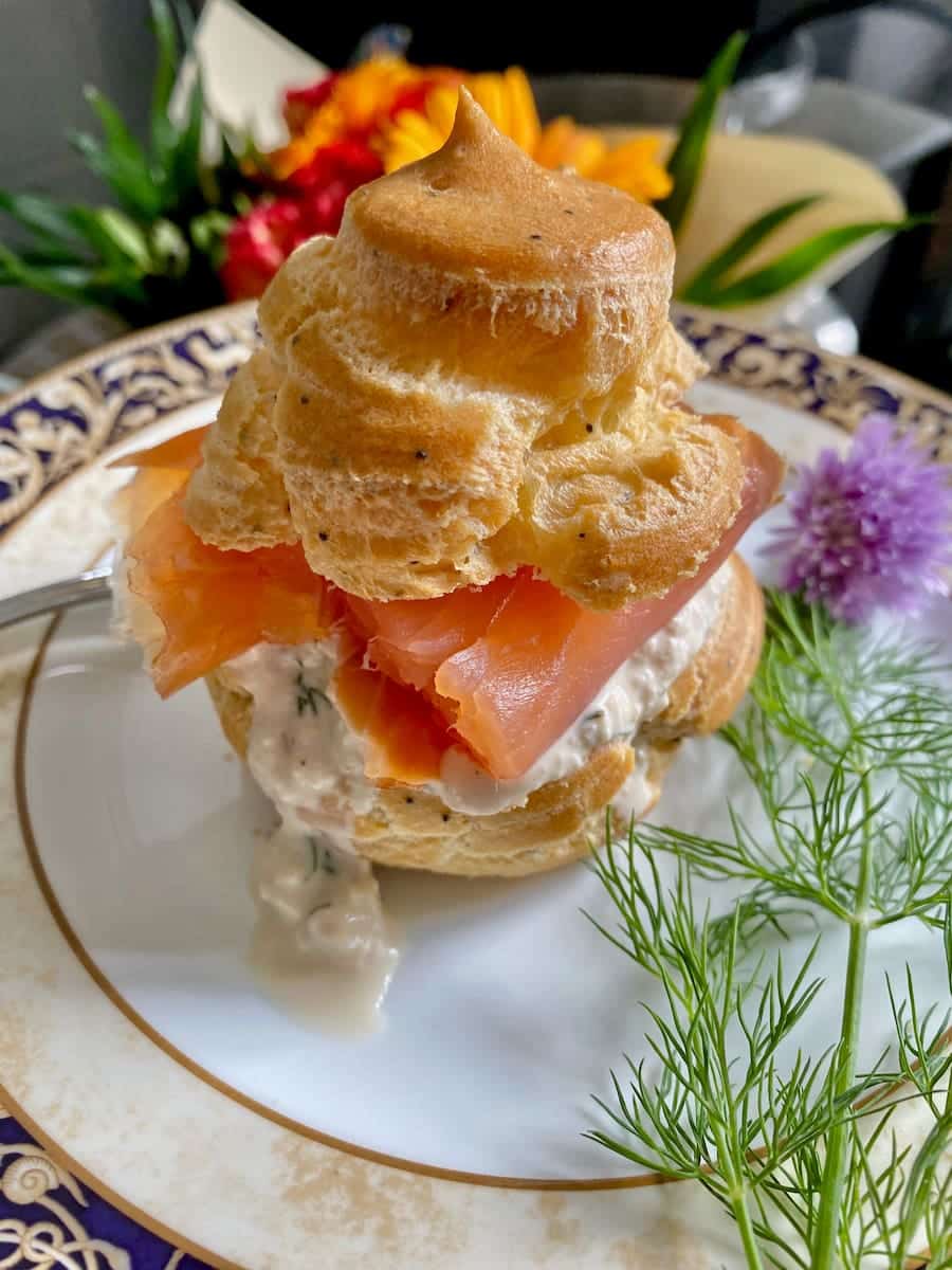 large profiterole stuffed with smoked salmon, horseradish and apple cream